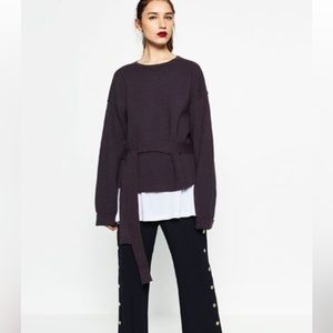 NWT ZARA tie waist  round neck oversized plum color sweater size L.